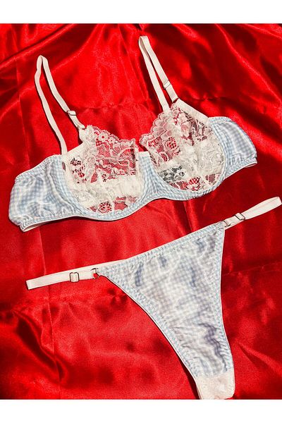 mendoza store Set de micro sutien cu chiloți tanga albastru pentru copii în carouri Piti