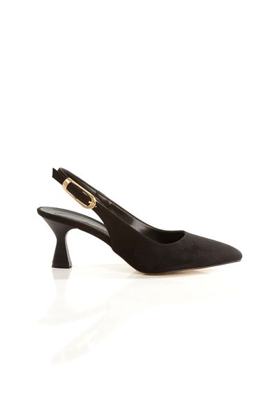 Ayakkabı Podyumum '' Dai̇si̇'' Black Suede Pointed Toe Back Open Large Buckle 5 cm Goblet Heel New Season