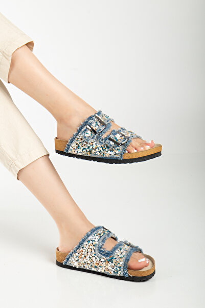 Reyonda ayakkabı Papuci ortopedici de damă din denim albastru din piatră naturală cu cataramă dublă