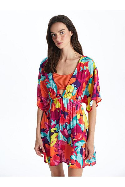 LC Waikiki V-Neck Floral Short Sleeve Women's Beach Dress (S4)