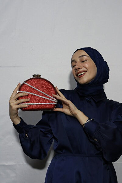 BUKAWEAR Women's Red Glitter Silver Striped Flask Model Evening Dress Bag