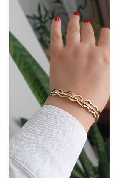 shop Çelik Kararma Yapmaz Özel Tasarım Zigzag ve Taşlı 3'lü Ajda Bilezik