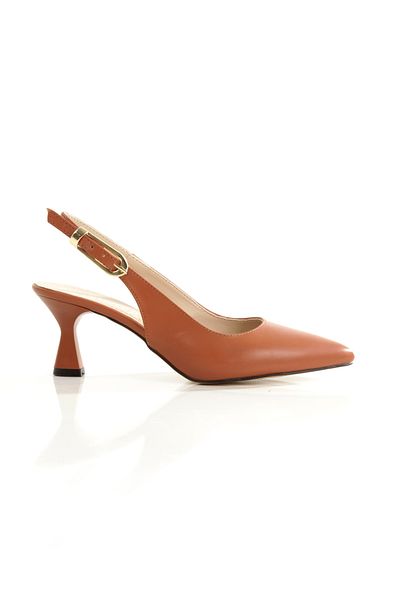 Ayakkabı Podyumum '' Dai̇si̇'' Tan Skin Pointed Toe Back Open Large Buckle 5 cm Goblet Heel New Season