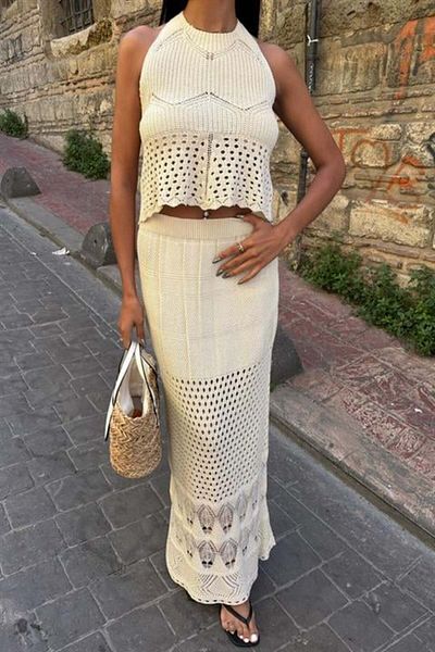 RICHMOST Hair Braid Detailed and Back Low-Cut Tight-Fitting Unlined Women's Openwork Skirt Suit Ecru 2 Pieces