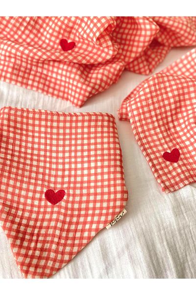 Zezig Summer Blooms Collection - Red Heart Embroidered Muslin Cover-Handkerchief-Apron Set