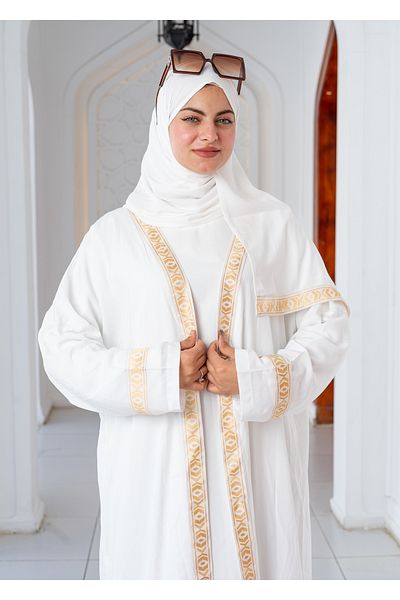 SIDRAALMONTAHA Luxury abaya cardigan with gold embroidery, including the base and the veil, white