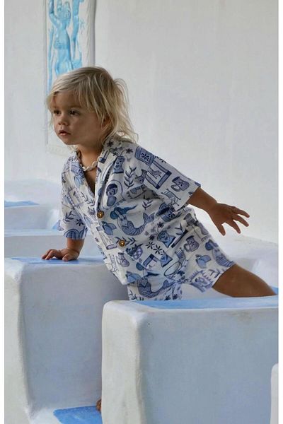 Magu Boy's Cotton White Blue Patterned Shirt Shorts Set - Short Sleeve