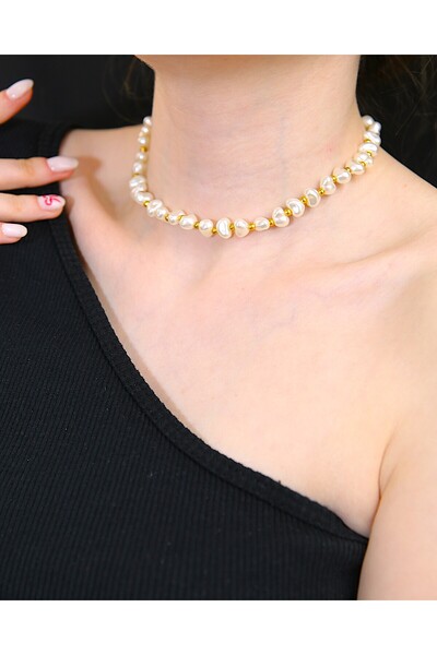 Stylish Choker Necklace with Baroque Pearl and Gold Plated Ball Detail