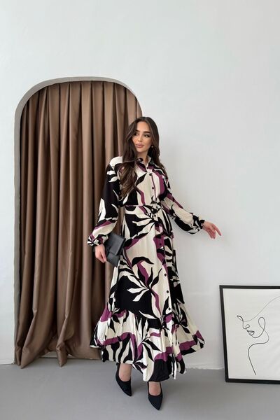 Mezka Rochie de damă neagră mov cu mâneci lungi, curea, cămașă lungă din viscoză