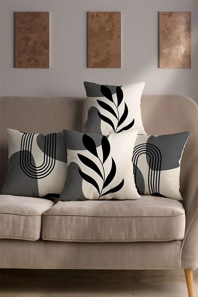 Hayal Dekoratif Bohemian Boho Themed Gray Cream Color Digital Printed Gift Set of 4 Throw Pillow Pillowcases