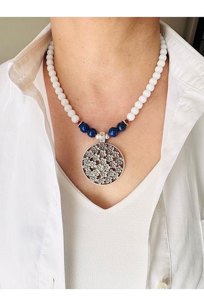 DEVİ fashion Natural Stone Design Flower Necklace 47 cm