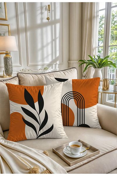 Hayal Dekoratif Bohemian Boho Themed Orange Cream Color Digital Printed Gift Set of 4 Throw Pillow Pillowcases