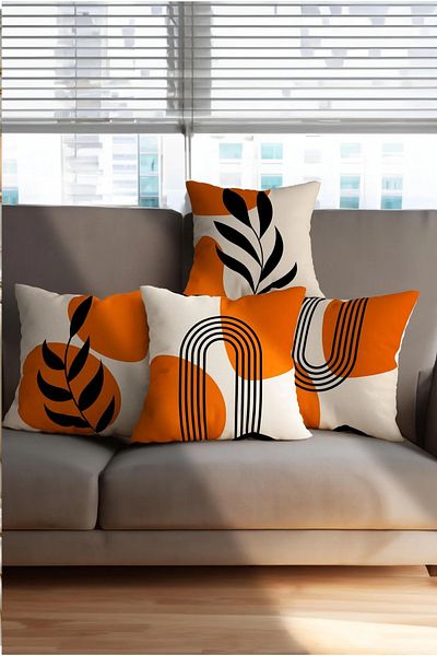 Hayal Dekoratif Bohemian Boho Themed Orange Cream Color Digital Printed Gift Set of 4 Throw Pillow Pillowcases