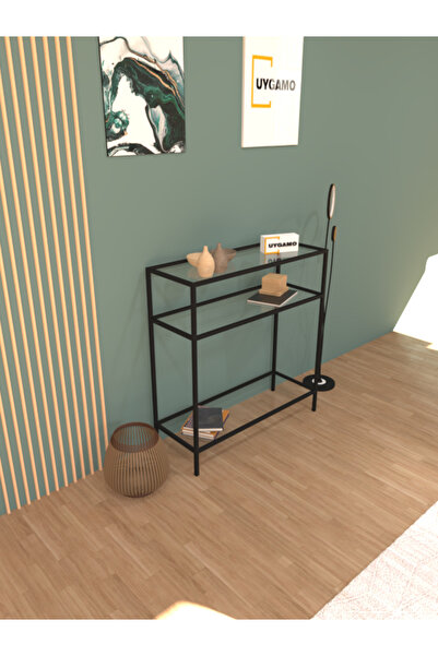UYGAMO Risu Metal Dresuar Dekoratif Çok Raflı Kahve Köşesi Konsol Siyah Şeffa...