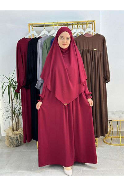 erasra class Ferace & Abaya Sufle Scarf and Top Robe Belt Dress Suit. Suitable for Hajj and Umrah Burgundy