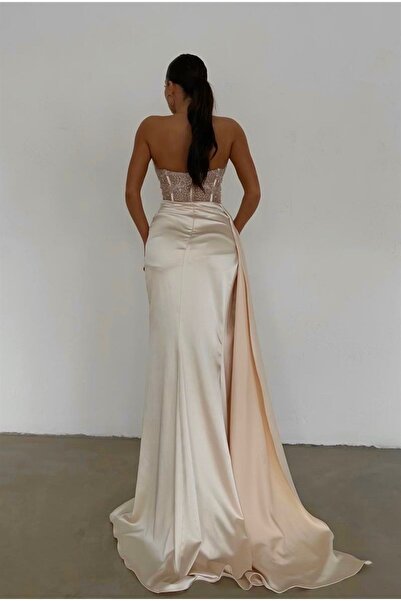 İyem Abiye Στράπλες και διάφανη λεπτομέρεια Allerli Κομψό Σατέν Σχέδιο Βραδινό Φόρεμα Full Fit