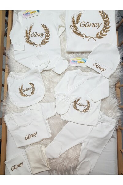 bebek_iklimi Hastane Çıkış Seti - İsimli Nakışlı, 10 Parça, %100 Pamuk, 0-3 Ay