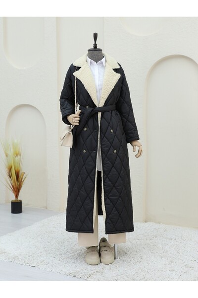 HİJABAYA Buttoned Front Collar Fur Lined Quilted Coat