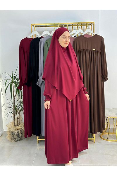 erasra class Ferace & Abaya Sufle Scarf and Top Robe Belt Dress Suit. Suitable for Hajj and Umrah Burgundy
