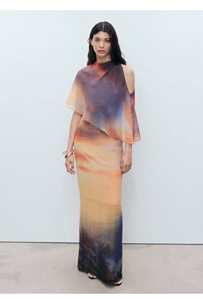 MANGO Woman Asimetrik katmanlı desenli elbise