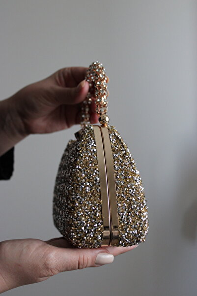 Mimoza Double Sided Sparkling Evening Dress Bag with Flower Buckle and Carved Stone Handle