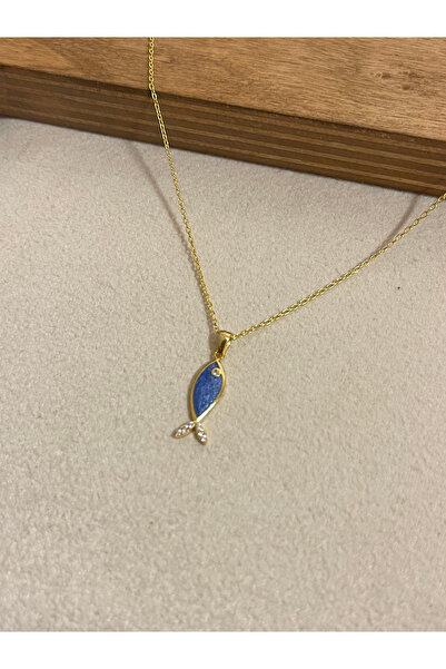 Rupen Kraft 925 Ayar Gümüş Balık Kolye Zincirli Mineli Tasarım Kolye Gümüş Kolye 45cm