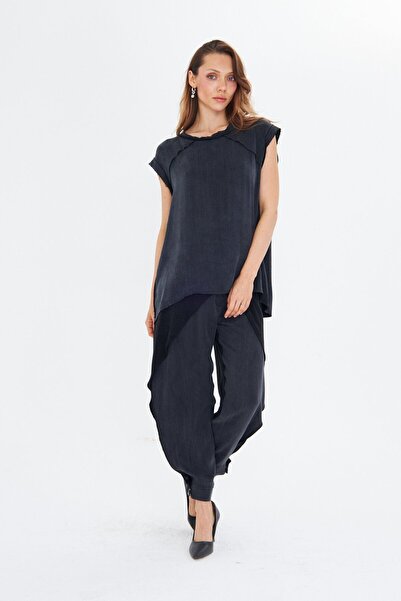 LAMANTE TERS DİKİŞLİ KOLSUZ SİYAH OKALİPTÜS BLUZ