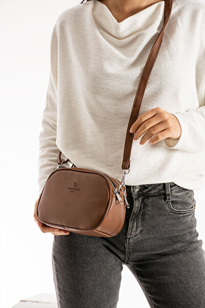 Sanmorris 1423 Women's Faux Leather Adjustable Cross Strap 2 Compartment Pattern Shoulder Bag Brown