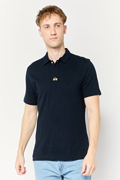 La Martina قميص بولو رجالي بقصّة عادية وأكمام قصيرة ومطرّز بشعار، أزرق داكن