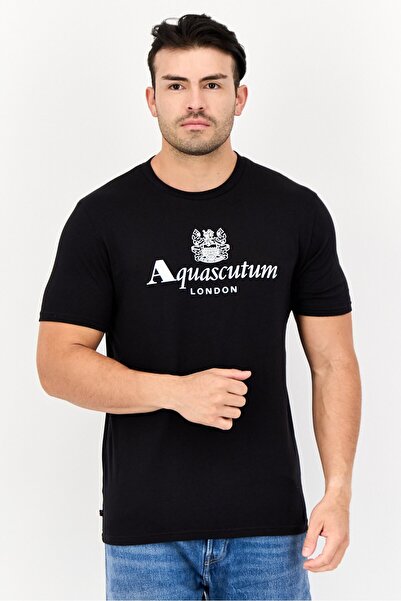 Aquascutum تي شيرت رجالي برقبة دائرية وأكمام قصيرة وشعار العلامة التجارية، أسود