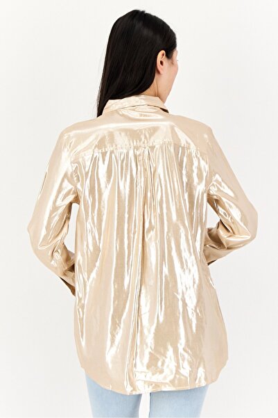 GAP Women Pointed Collar Long Sleeve Metallic Shirt, Gold