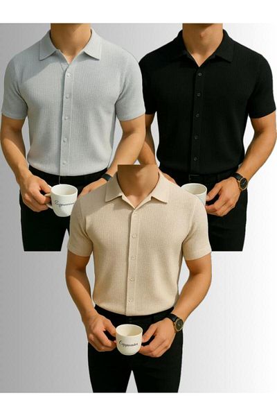 LC Waikiki Advantageous Pack of 3 100% Cotton Waffle Fabric Non-Ironing Short Sleeve Men's Summer Shirt