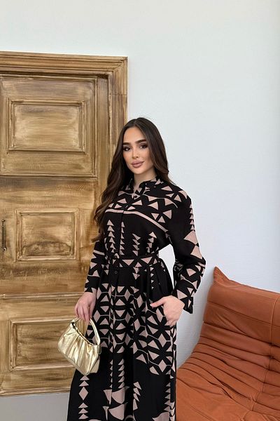 Mezka Дамска рокля от вискоза с дълъг ръкав, етнически шарки и кафяв джоб