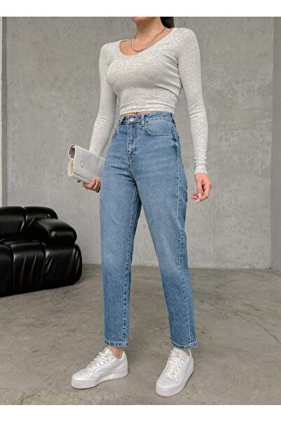EsSo butik بنطال جينز أزرق عالي الخصر للنساء - Mom Fit Jean