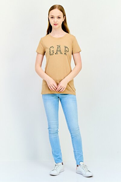 GAP Women Crew Neck Short Sleeve Graphic Print T Shirt, Tan