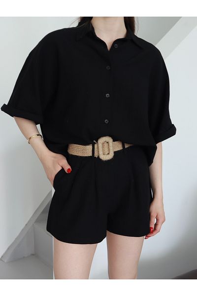 Ekim Store Raw Linen Straw Belted Shirt Shorts Set