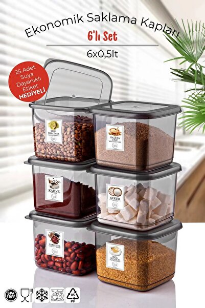 Open Home Concept Set of 6 Storage Containers – Anthracite Color, Practical and Stylish 550 ml - with Label Gift