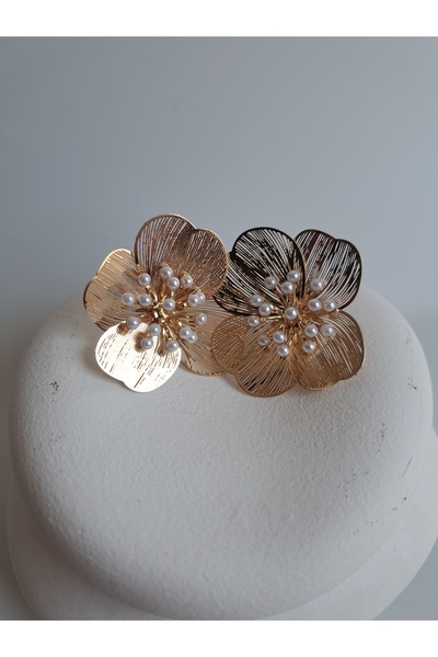 BHR AKSESUAR زهرة كبيرة مع أقراط اللؤلؤ الذهبي