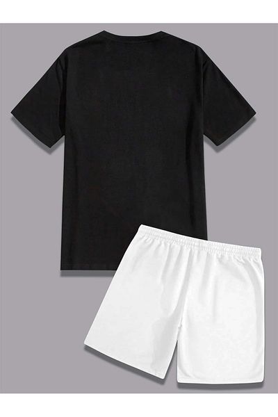 LUNAVISTA Men's Summer Casual Short Sleeve Palm Tree Letter Printed T-Shirt Lace up Waist Shorts Set