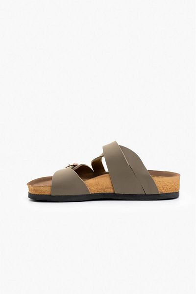 Blyss Women's Khaki Nubuck Leather Cross Detail Cork Sole Double Buckle New Season Slippers