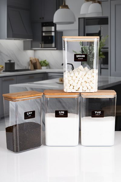 naturelove 4-Piece Wooden Vacuum Lid Acrylic Flour Salt Tea Sugar Storage Jar Container and Box 3 Liters with Label