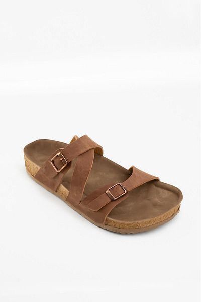 Blyss Women's Tan Nubuck Leather Double Cross Detail Cork Sole Buckle New Season Slippers