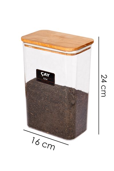 naturelove Acrylic Tea Storage Jar with Wooden Vacuum Lid Storage Container and Box 3 Liter with Label Gift