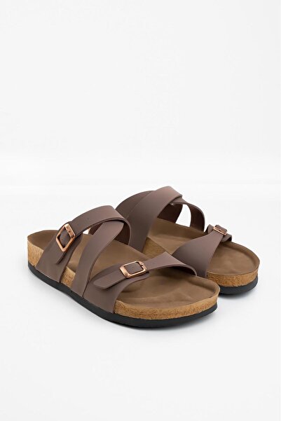 Blyss Women's Brown Nubuck Leather Cross Detail Cork Sole Double Buckle New Season Slippers