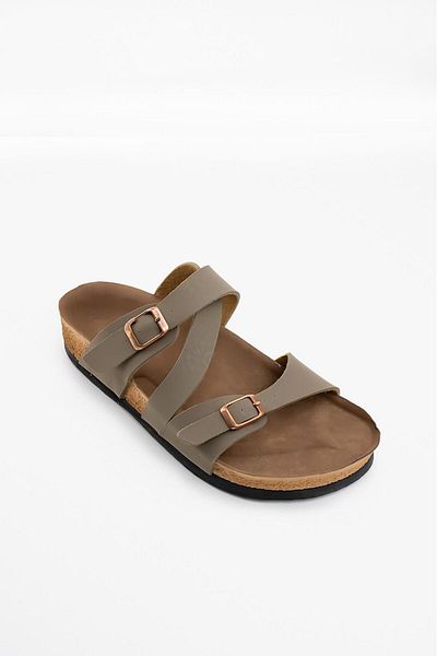 Blyss Women's Khaki Nubuck Leather Cross Detail Cork Sole Double Buckle New Season Slippers