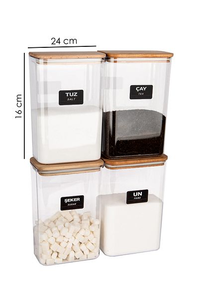 naturelove 4-Piece Wooden Vacuum Lid Acrylic Flour Salt Tea Sugar Storage Jar Container and Box 3 Liters with Label