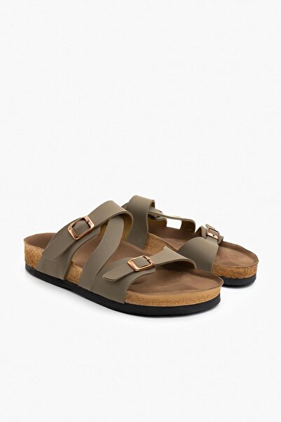 Blyss Жіночі хакі нубкові шкіряні капці з перехресними деталями, грибоподібною підошвою та двома пряжками, новий сезон