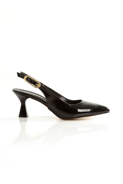 Ayakkabı Podyumum '' Dai̇si̇'' Black Patent Leather Pointed Toe Back Open Large Buckle 5 cm Goblet Heel New Season