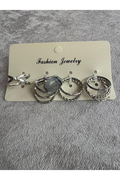 demirosa Stone Embroidered Silver Colored 4-Piece Ring Set