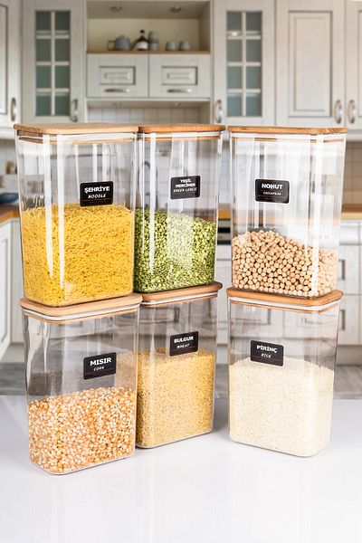 naturelove 6-Piece Wooden Vacuum Lid Acrylic Food Storage Jar Storage Container and Box 3 Liters with Label
